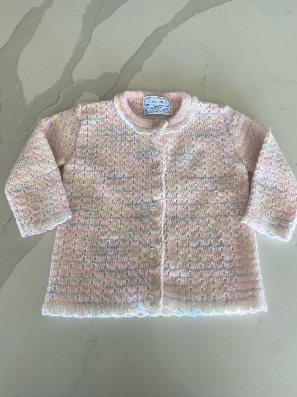 Vtg May Knit Striped Knit Button-Front Collared Cardigan Sweater 0-3M Pink